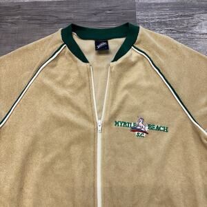 Vintage 80s Jantzen Myrtle Beach S.C Tan & Green Mens M Terrycloth Zip T-Shirt